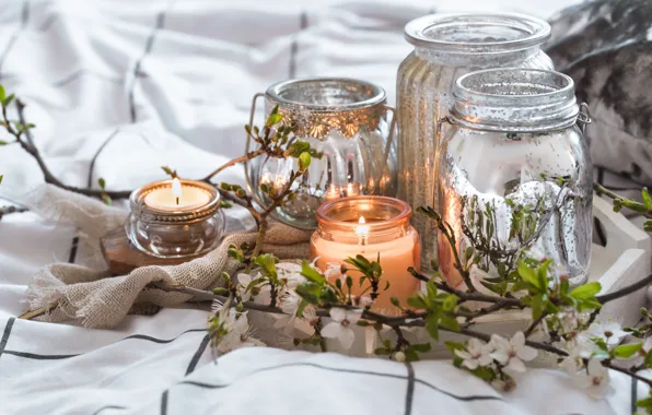 Branches, style, candles, Bank, flowers
