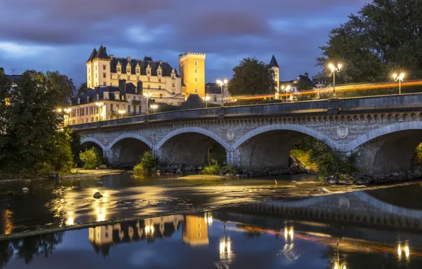 Picture bridge, lights, river, castle, France, the evening, Pau