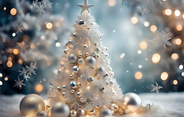 Winter, snow, decoration, snowflakes, lights, balls, New Year, Christmas