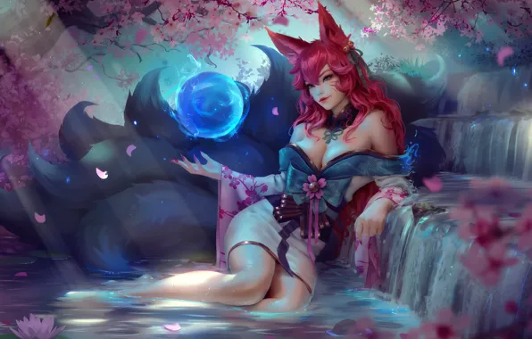 Water, girl, nature, magic, flowering, Fox, League of Legends, Ahri