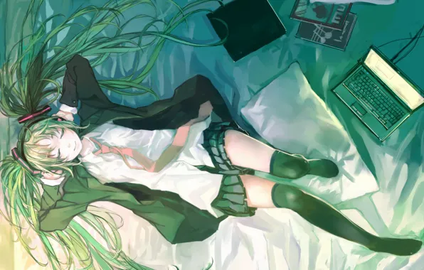 Picture girl, smile, music, room, mood, headphones, laptop, vocaloid