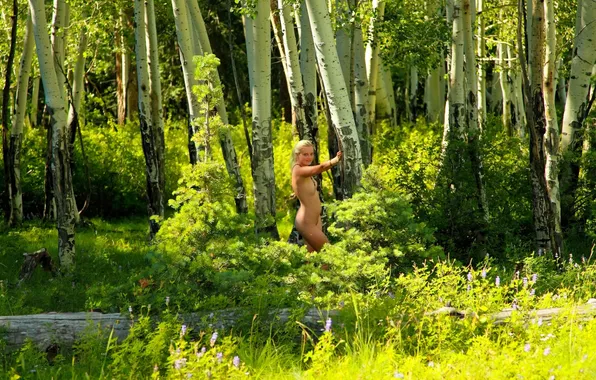 Greens, forest, chest, summer, girl, trees, nature, tree