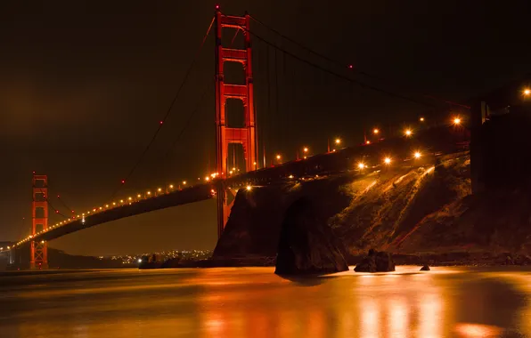 Night, bridge, lights, reflection, exposure, excerpt, california, night