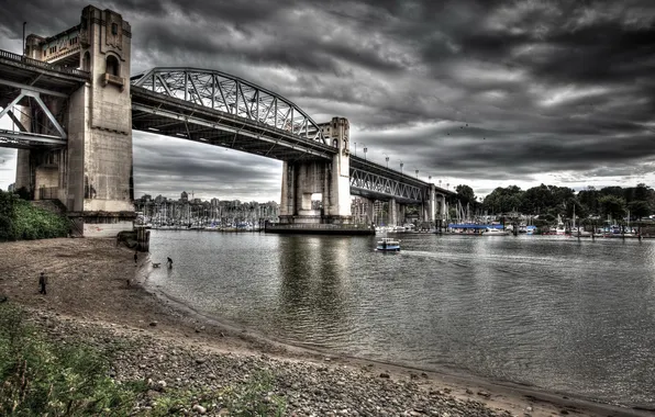 The sky, clouds, bridge, house, river, yachts, boats, boat