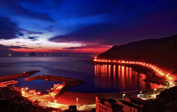 Sunset, lights, mountain, the evening, Bay