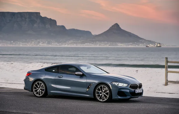 Picture wave, rocks, coupe, BMW, 2018, 8-Series, 2019, pale blue