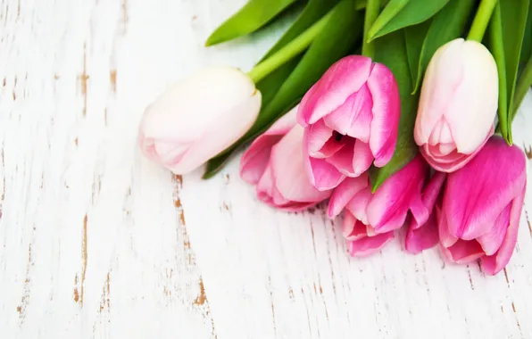 White, table, background, bouquet, tulips, gentle, pink, wood
