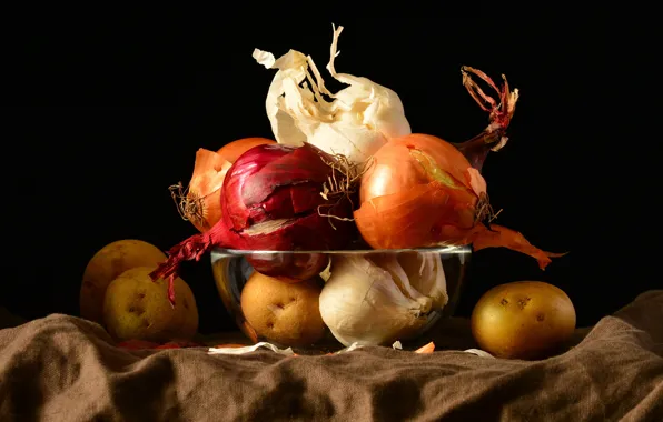 Food, bow, black background, still life, vegetables, different, composition, garlic
