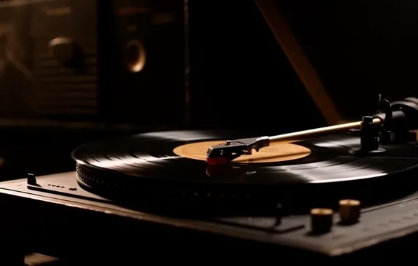 Light, retro, music, the dark background, player, vinyl, record, digital art