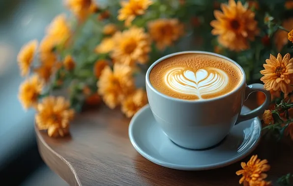 Flowers, table, pattern, heart, coffee, bouquet, mug, Cup