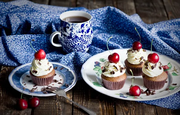 Cherry, coffee, cream, cupcakes, chocolate chips