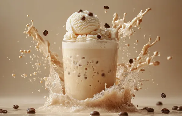 Squirt, glass, glass, coffee, ice cream, dessert, coffee beans, beige background