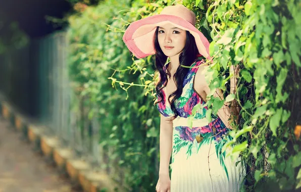 Summer, look, girl, the city, pose, hat, Asian, beautiful