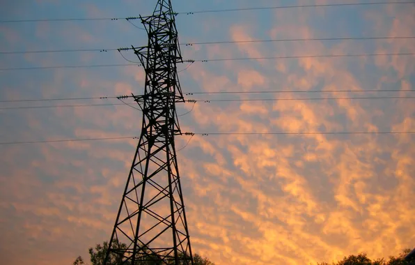 Picture the sky, sunset, wire, high-voltage support, power transmission line