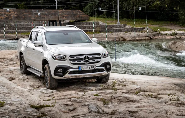 White, river, stones, shore, Mercedes-Benz, pickup, 2018, X-Class