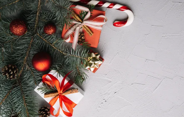Picture holiday, gift, new year, decor, fir-tree branches
