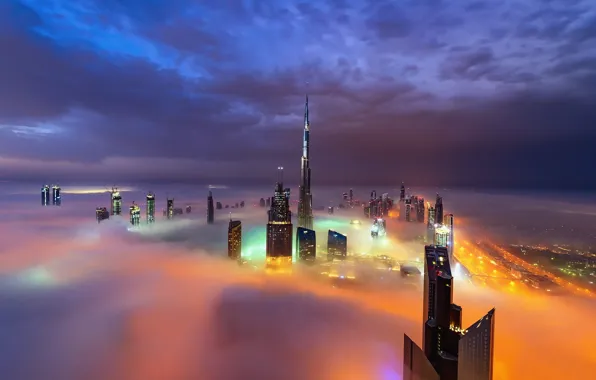 Night, the city, lights, fog, Dubai, UAE