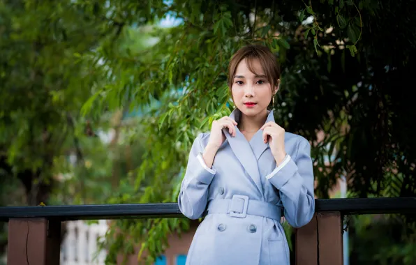 Picture look, girl, brown hair, Asian, coat