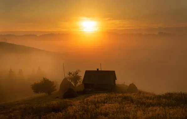 Picture the sun, fog, sunrise, hills, house, Village, hut, frame