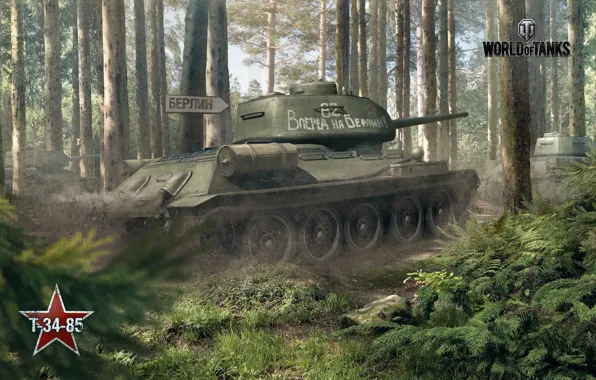Picture forest, war, tank, World of Tanks, T-34-85