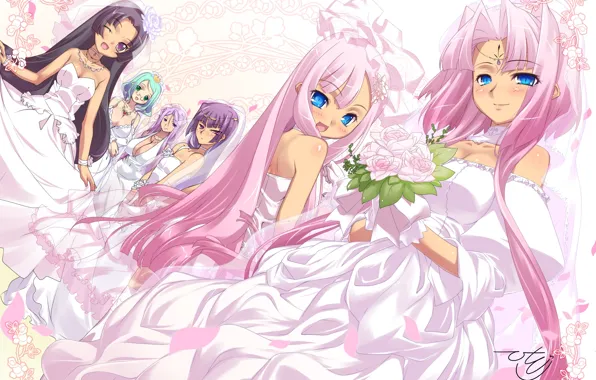 Smile, bouquet, neckline, gloves, blue eyes, art, friend, wedding dress