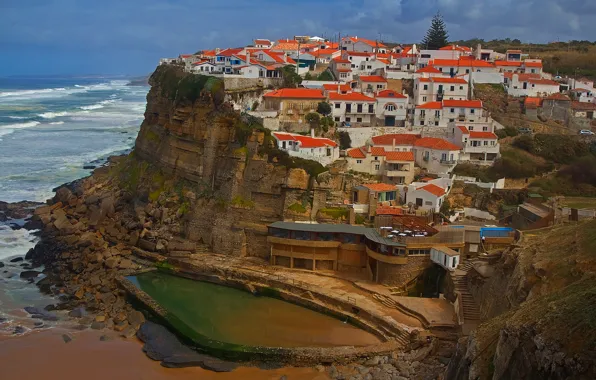 Sea, rock, home, Portugal, Lisbon, Azenhas do Mar