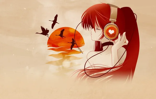 Girl, hair, anime, headphones, red, red hair and blah blah whirligig