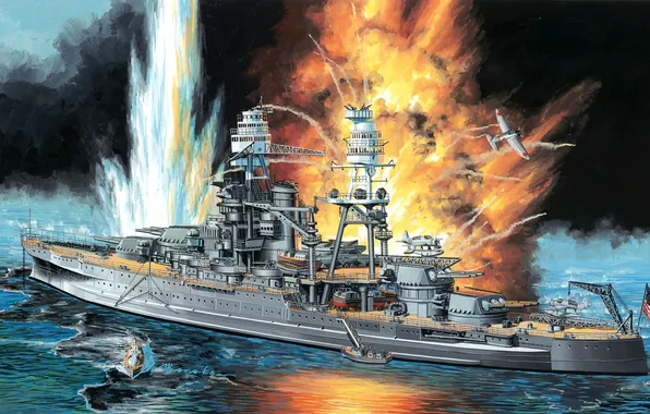 Fire, attack, figure, ship, explosions, art, American, WW2