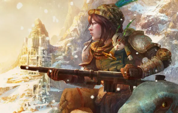 Picture girl, snow, mountains, weapons, pen, hat, rabbit, cartridge