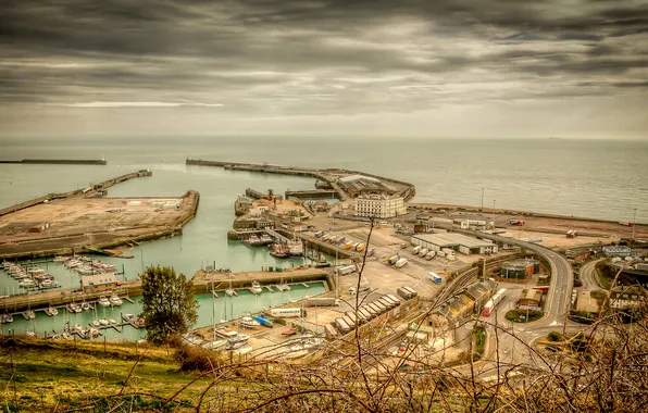 Picture sea, the sky, clouds, the city, England, Kent, port, harbour