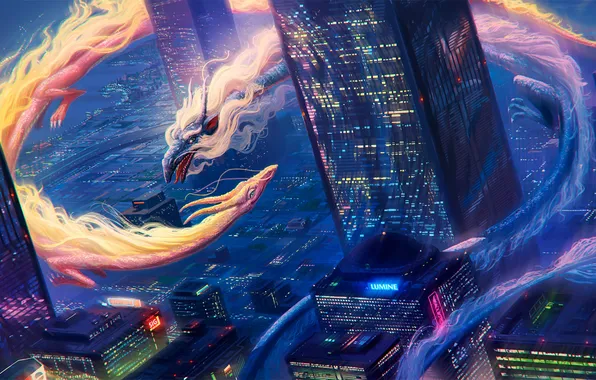 Night, the city, fiction, dragon, skyscraper, home, art