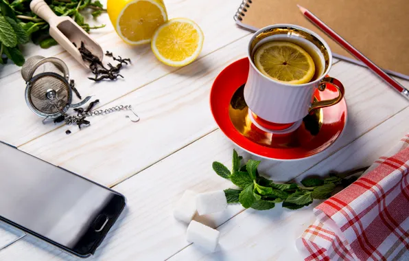 Grass, lemon, tea, Breakfast, Cup, Notepad, phone, pencil