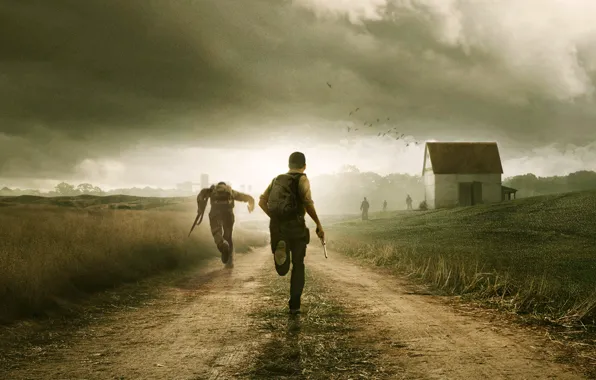 Picture road, field, clouds, weapons, running, zombies, survivors, DayZ