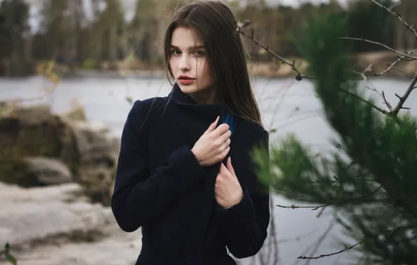 Picture autumn, forest, look, girl, branches, nature, face, lake