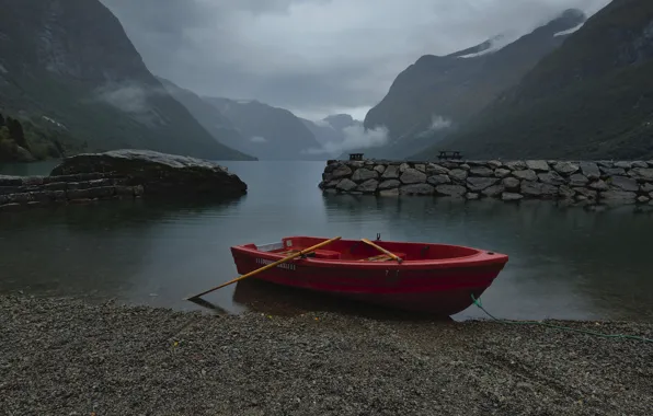 Picture landscape, mountains, nature, fog, lake, shore, boat, morning