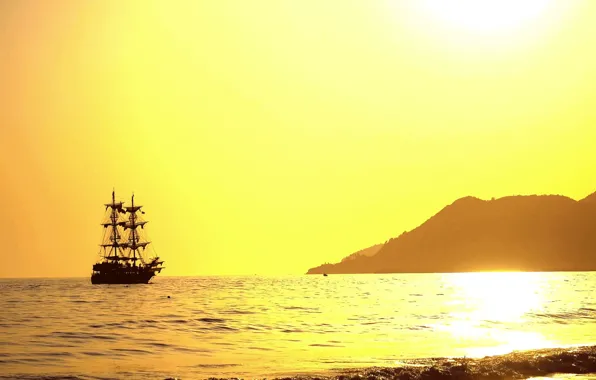 Sea, the sun, reflection, coast, ship, sailboat, morning, Turkey