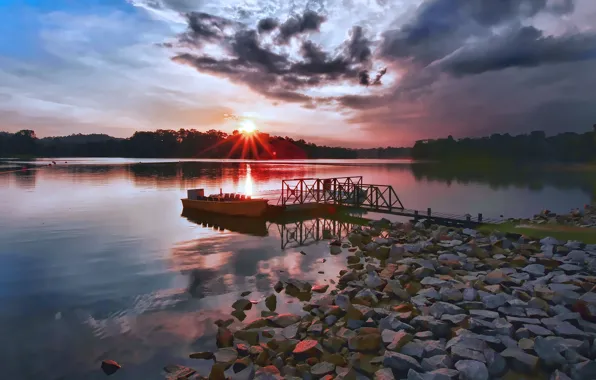 Sunset, lake, stones, shore, boat, pier