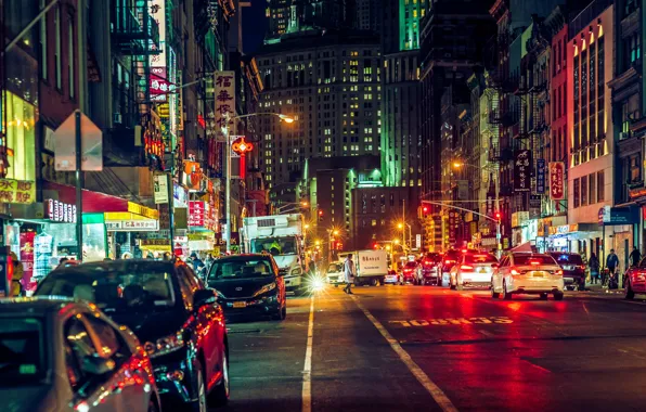 The city, lights, street, building, home, night, cars, movement