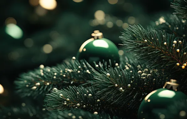 Balls, branches, lights, the dark background, balls, Shine, green, Christmas