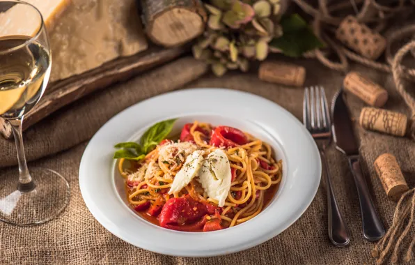 Wine, glass, tomatoes, sauce, pasta, Basil, mozzarella