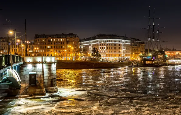 Ice, winter, snow, night, bridge, lights, river, ship