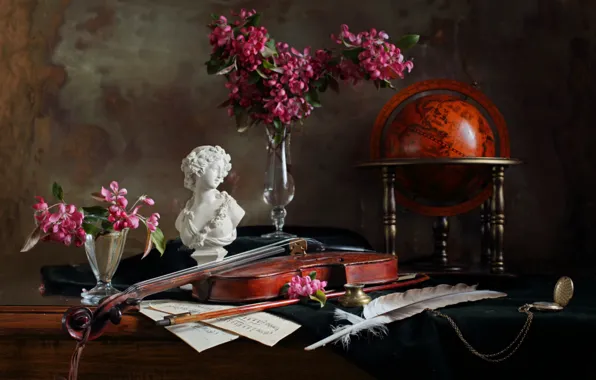 Picture flowers, notes, pen, violin, watch, figurine, still life, globe
