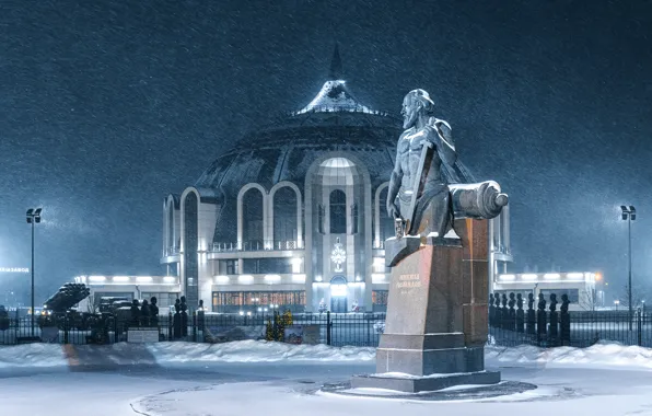 Picture winter, snow, night, the city, lighting, monument, Museum, Tula