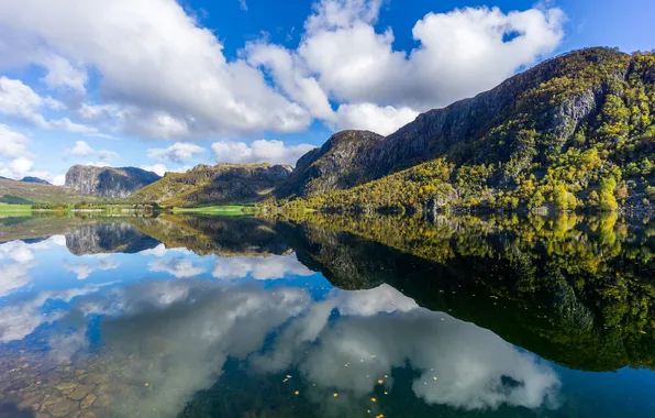The sky, leaves, clouds, mountains, lake, reflection, mirror