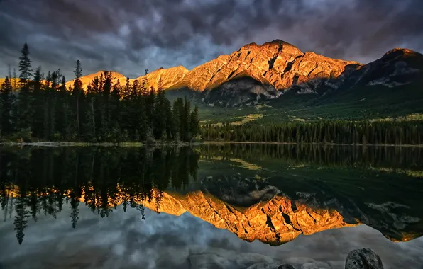 Picture mountains, lake, reflection, Canada, Alberta, Canada, Jasper National Park, Pyramid Lake