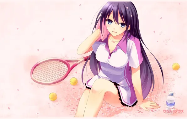 Picture girl, sport, towel, anime, petals, dress, art, tennis player