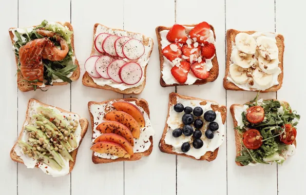 Picture food, fish, strawberry, bananas, vegetables, toast, sandwiches, cuts
