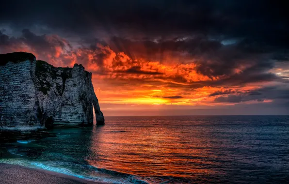 Sea, the sun, clouds, rays, landscape, sunset, rock, France