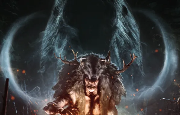 Picture look, fire, smoke, spirit, ritual, skin, horns, mammoth