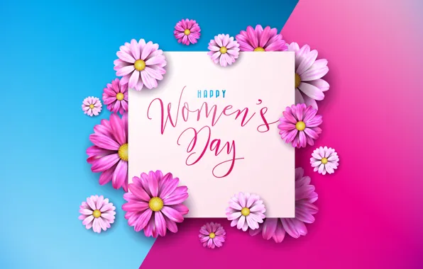 Picture flowers, happy, pink background, March 8, pink, flowers, women's day, 8 march